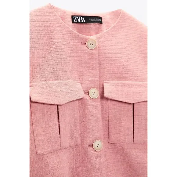 Pink Zara Textured Weave Button Front Cropped Long Sleeve Jacket (NWT) - Picture 2 of 7